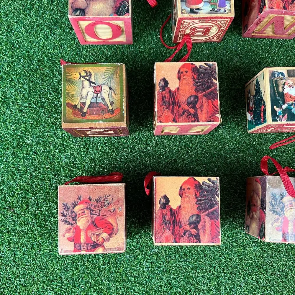 Set of 16 Vintage Wooden Alphabet and Santa Claus Christmas Block Ornaments